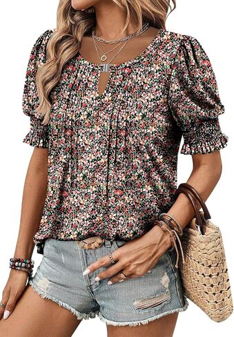 CRAZY GRID Women's Dressy Casual Top Puff Sleeve Summer Shirt Loose Trendy Pleated Blouse in Saudi Arabia