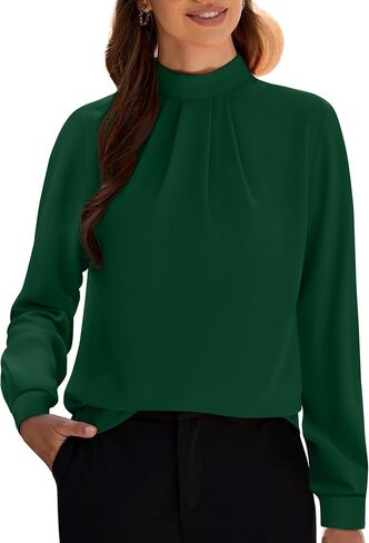 Funlingo Women's Long Sleeve Tops Dressy Casual Mock Neck Work Blouse Fall Trendy Front Pleated Tunic Chiffon Shirts in Kuwait