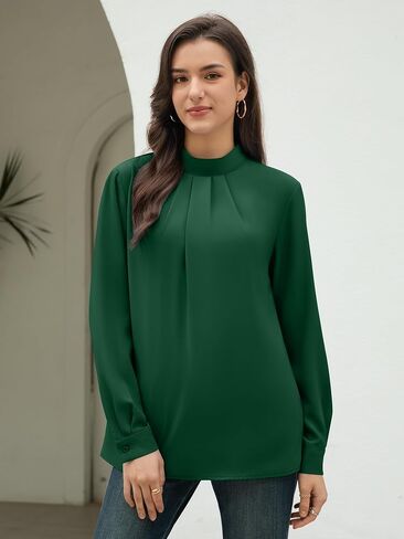 Funlingo Women's Long Sleeve Tops Dressy Casual Mock Neck Work Blouse Fall Trendy Front Pleated Tunic Chiffon Shirts in Kuwait