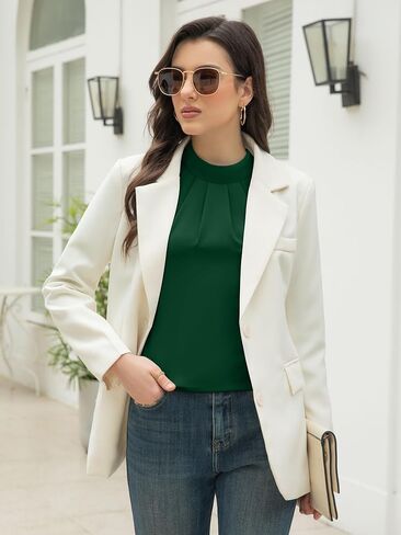 Funlingo Women's Long Sleeve Tops Dressy Casual Mock Neck Work Blouse Fall Trendy Front Pleated Tunic Chiffon Shirts in Kuwait