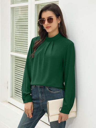 Funlingo Women's Long Sleeve Tops Dressy Casual Mock Neck Work Blouse Fall Trendy Front Pleated Tunic Chiffon Shirts in Kuwait