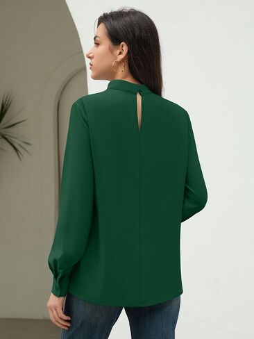 Funlingo Women's Long Sleeve Tops Dressy Casual Mock Neck Work Blouse Fall Trendy Front Pleated Tunic Chiffon Shirts in Kuwait