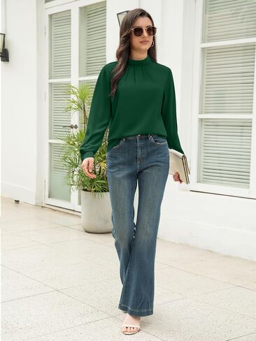 Funlingo Women's Long Sleeve Tops Dressy Casual Mock Neck Work Blouse Fall Trendy Front Pleated Tunic Chiffon Shirts in Kuwait
