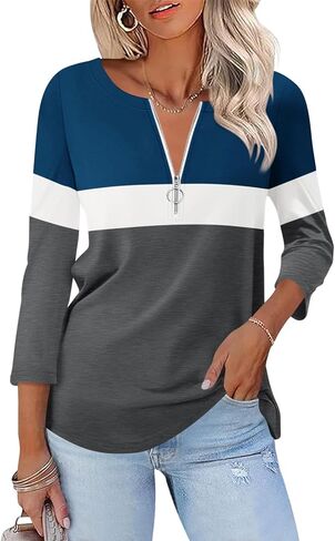Womens 3/4 Sleeve Tops Zipper Color Block Tunic Tops Casual Summer Shirts Trendy Tops in Kuwait