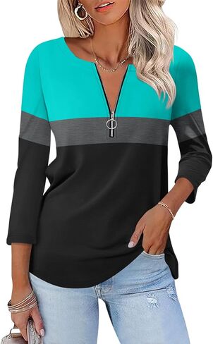 Womens 3/4 Sleeve Tops Zipper Color Block Tunic Tops Casual Summer Shirts Trendy Tops in Kuwait