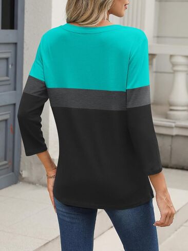 Womens 3/4 Sleeve Tops Zipper Color Block Tunic Tops Casual Summer Shirts Trendy Tops in Kuwait