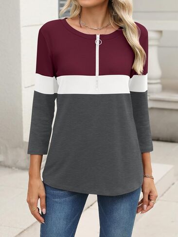 Womens 3/4 Sleeve Tops Zipper Color Block Tunic Tops Casual Summer Shirts Trendy Tops in Kuwait