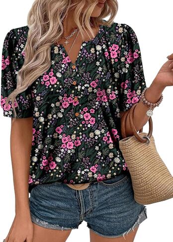 CRAZY GRID Women's Dressy Casual Top Puff Sleeve Summer Shirt Loose Trendy Pleated Blouse in Saudi Arabia