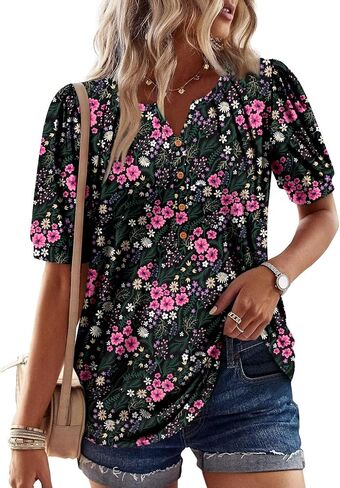 CRAZY GRID Women's Dressy Casual Top Puff Sleeve Summer Shirt Loose Trendy Pleated Blouse in Saudi Arabia