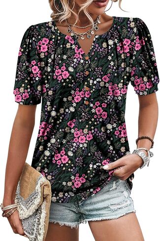 CRAZY GRID Women's Dressy Casual Top Puff Sleeve Summer Shirt Loose Trendy Pleated Blouse in Saudi Arabia