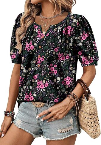 CRAZY GRID Women's Dressy Casual Top Puff Sleeve Summer Shirt Loose Trendy Pleated Blouse in Saudi Arabia