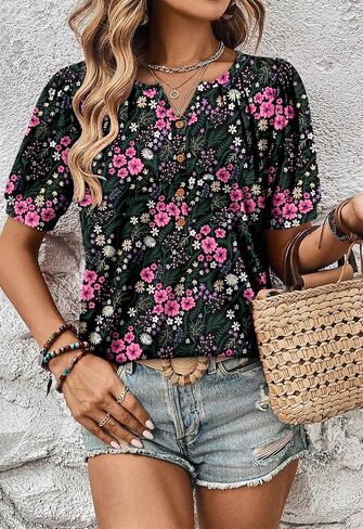CRAZY GRID Women's Dressy Casual Top Puff Sleeve Summer Shirt Loose Trendy Pleated Blouse in Saudi Arabia