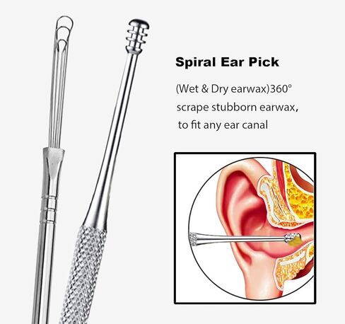 Ear Wax Removal kit, 5 Pcs Stainless Metal Earwax Removal Tool for Adults with Ear Spoon & Spiral Spring, Ear Cleaning Reusable in Kuwait