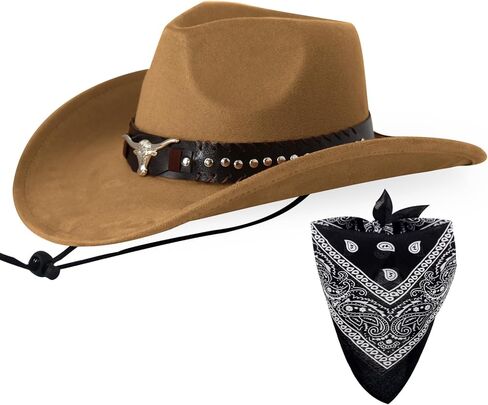 Wildarms Cowboy Hat with Bandana - Adjustable Wide Brim Western Hat for Men & Women,Costume Accessories for Rodeo & Halloween in Saudi Arabia