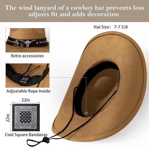 Wildarms Cowboy Hat with Bandana - Adjustable Wide Brim Western Hat for Men & Women,Costume Accessories for Rodeo & Halloween in Saudi Arabia