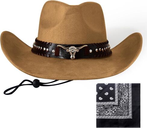 Wildarms Cowboy Hat with Bandana - Adjustable Wide Brim Western Hat for Men & Women,Costume Accessories for Rodeo & Halloween in Saudi Arabia