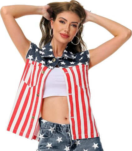 AOBUTE Womens American Flag Sleeveless Jean Jacket 4th of July Denim Shirt in Saudi Arabia