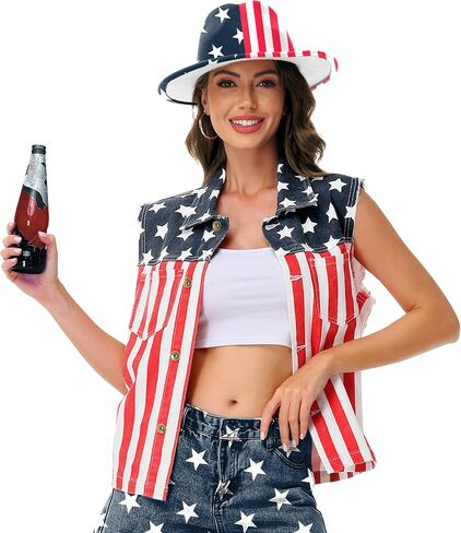 AOBUTE Womens American Flag Sleeveless Jean Jacket 4th of July Denim Shirt in Saudi Arabia
