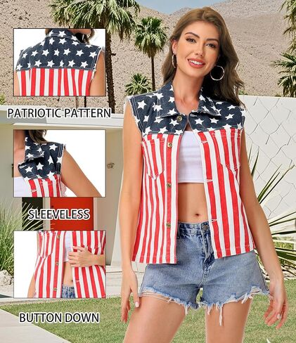 AOBUTE Womens American Flag Sleeveless Jean Jacket 4th of July Denim Shirt in Saudi Arabia