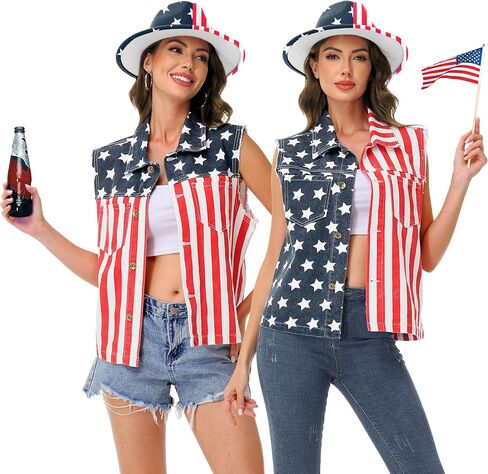 AOBUTE Womens American Flag Sleeveless Jean Jacket 4th of July Denim Shirt in Saudi Arabia