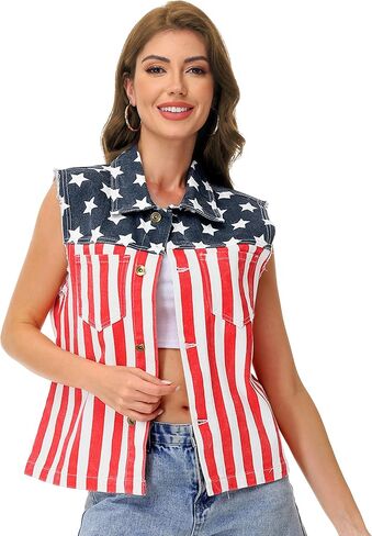 AOBUTE Womens American Flag Sleeveless Jean Jacket 4th of July Denim Shirt in Saudi Arabia