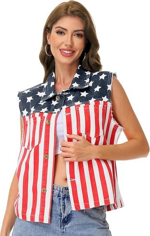 AOBUTE Womens American Flag Sleeveless Jean Jacket 4th of July Denim Shirt in Saudi Arabia