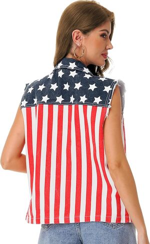 AOBUTE Womens American Flag Sleeveless Jean Jacket 4th of July Denim Shirt in Saudi Arabia