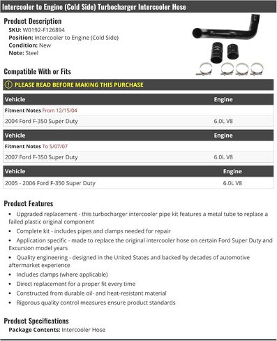Intercooler to Engine Cold Side Turbo Intercooler Hose - Compatible with 2004-2007 Ford F-350 Super Duty 6.0L V8 Diesel (From 12/15/2004 Up To 5/07/2007) in Saudi Arabia
