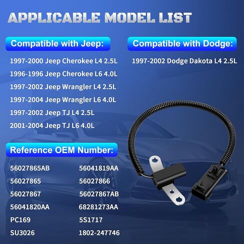 56027865AB Crankshaft Position Sensor Compatible with 1997-2004 Jeep Wrangler TJ Cherokee & Dodge Dakota 1997 1998 1999 2000 2001 2002 2003 2004 Replaces 56041819AA, 56027867AB, 56027865, PC169 in Saudi Arabia