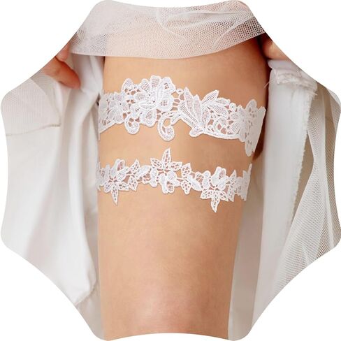 Sibba 2 Pcs Wedding Garters for Bride White Lace Floral Garter Band Ribbon Harness Belt 2 Rows Elastic Leg Ring Thigh Belt Gothic Suspender Shower Outfit Gift for Women Bridesmaid Prom Rave Party in Saudi Arabia