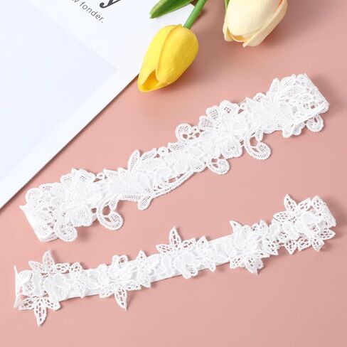 Sibba 2 Pcs Wedding Garters for Bride White Lace Floral Garter Band Ribbon Harness Belt 2 Rows Elastic Leg Ring Thigh Belt Gothic Suspender Shower Outfit Gift for Women Bridesmaid Prom Rave Party in Saudi Arabia