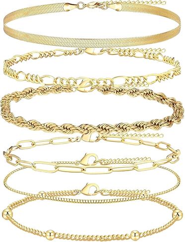 6Pcs Gold Silver Plated Woman Waterproof Anklet Layered Cuban Ankle Nude Bracelet Summer Fashion Anklet Set Beach Jewelry Gift in Saudi Arabia