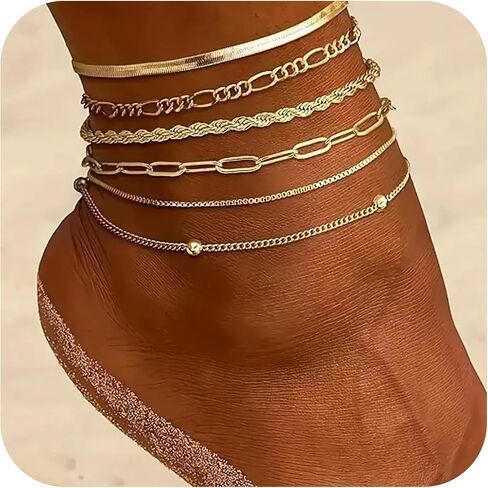 6Pcs Gold Silver Plated Woman Waterproof Anklet Layered Cuban Ankle Nude Bracelet Summer Fashion Anklet Set Beach Jewelry Gift in Saudi Arabia