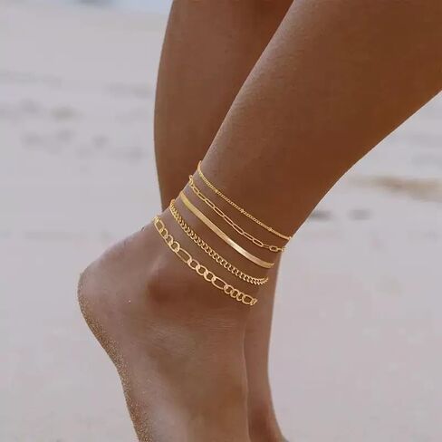 6Pcs Gold Silver Plated Woman Waterproof Anklet Layered Cuban Ankle Nude Bracelet Summer Fashion Anklet Set Beach Jewelry Gift in Saudi Arabia