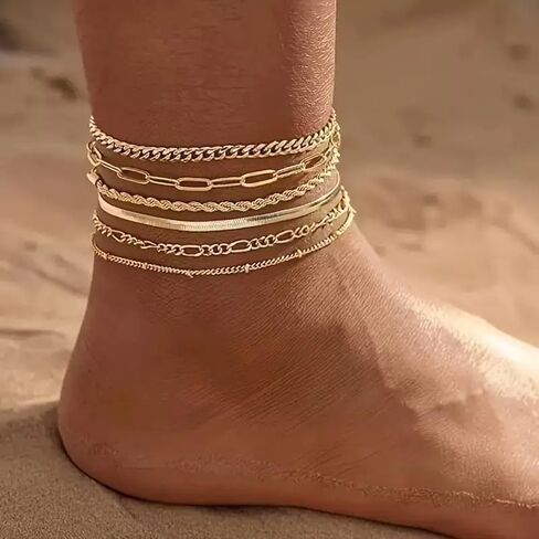 6Pcs Gold Silver Plated Woman Waterproof Anklet Layered Cuban Ankle Nude Bracelet Summer Fashion Anklet Set Beach Jewelry Gift in Saudi Arabia