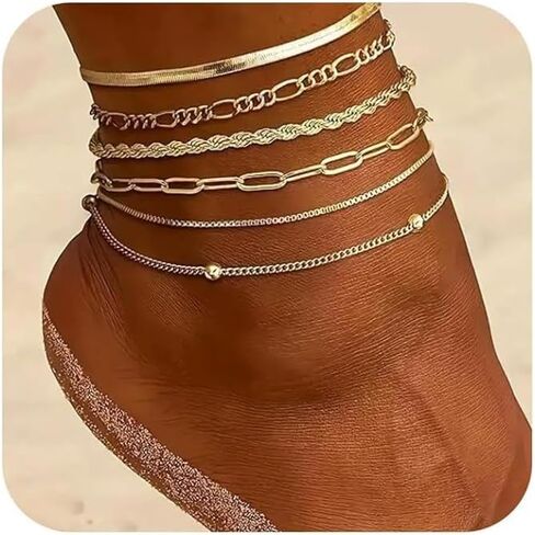 6Pcs Gold Silver Plated Woman Waterproof Anklet Layered Cuban Ankle Nude Bracelet Summer Fashion Anklet Set Beach Jewelry Gift in Saudi Arabia
