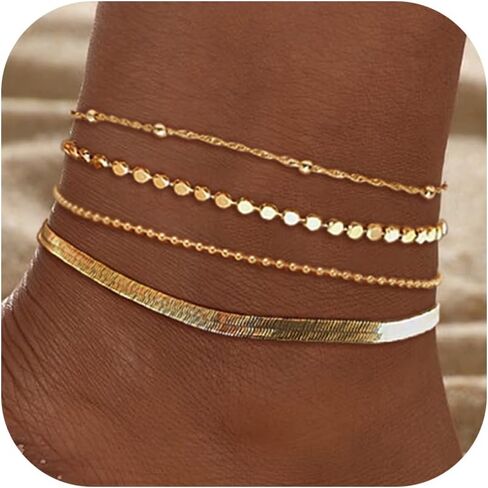 Ankles for Women 18k Gold Plated Anklet Bracelets Layered Cuban Snake Twist Disc Chain Anklet Set Adjustable in Kuwait