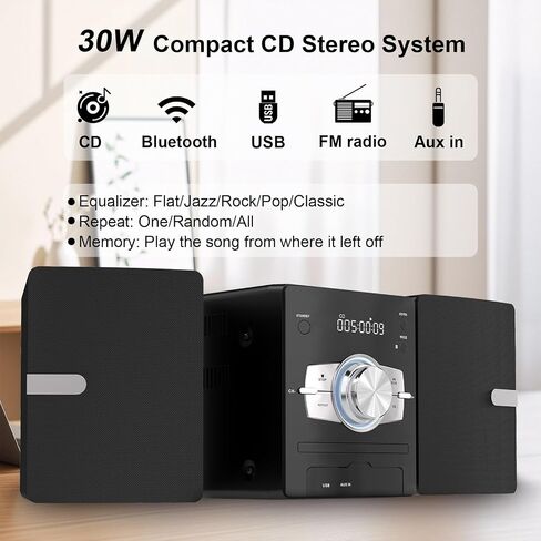 100W Home Stereo System with CD Player, FM Radio, Bluetooth, AUX in/USB in, Karaoke Function, Earphone Jack, LED Lights, Remote Control Included in Saudi Arabia