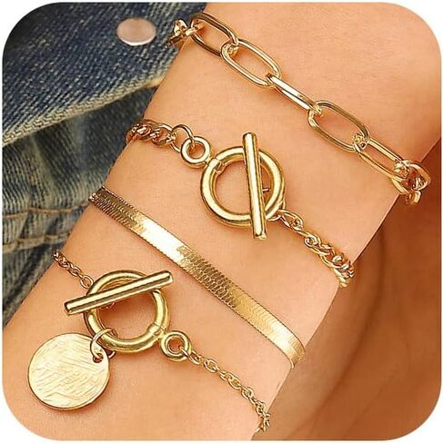 مجموعة أساور مشبك ورق قابلة للتكديس من 4 قطع للنساء، أساور عملات معدنية سوداء قوطية مزدوجة بمشبك OT أساور عتيقة من سلسلة كوبا مجوهرات يدوية in Kuwait