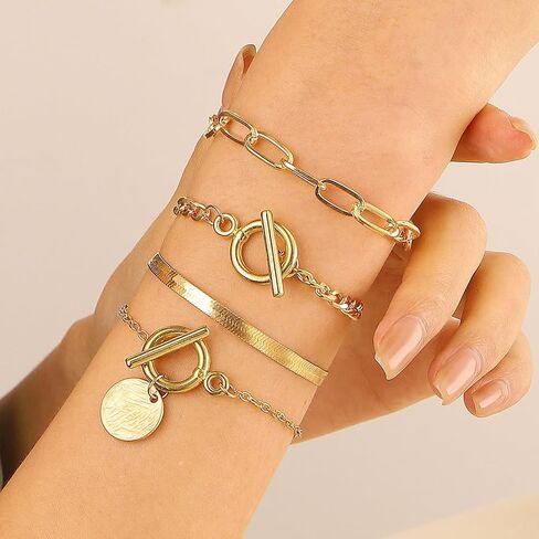 مجموعة أساور مشبك ورق قابلة للتكديس من 4 قطع للنساء، أساور عملات معدنية سوداء قوطية مزدوجة بمشبك OT أساور عتيقة من سلسلة كوبا مجوهرات يدوية in Kuwait