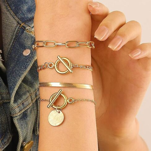 مجموعة أساور مشبك ورق قابلة للتكديس من 4 قطع للنساء، أساور عملات معدنية سوداء قوطية مزدوجة بمشبك OT أساور عتيقة من سلسلة كوبا مجوهرات يدوية in Kuwait