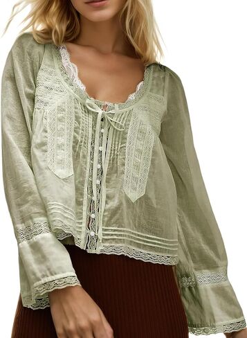 Womens Lace Shirts Long Sleeve Button Up Chiffon Cardigan Tie Front Flowy Beach Vacation Bohemian Y2k Clothes Tops in Kuwait