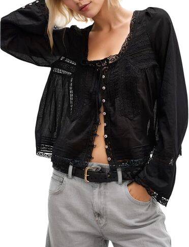 Womens Lace Shirts Long Sleeve Button Up Chiffon Cardigan Tie Front Flowy Beach Vacation Bohemian Y2k Clothes Tops in Kuwait