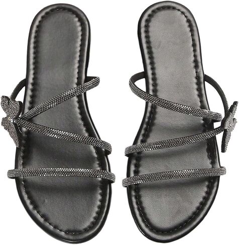 OYOANGLE Women's Butterfly Rhinestone Shiny Slide Sandals Strappy Slip on Flat Sandals Dressy Casual Sliders in Saudi Arabia