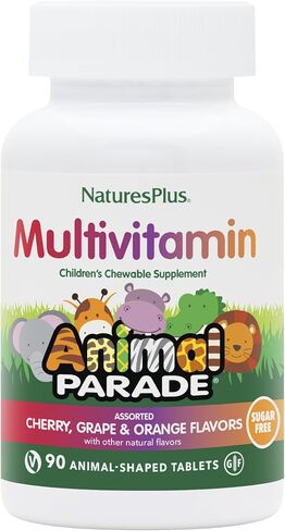 فيتامينات متعددة للأطفال خالية من السكر من شركة Natures Plus Animal Parade - نكهات متنوعة من الكرز والعنب والبرتقال - عبوة من 2، 90 قرصًا قابلاً للمضغ - 90 وجبة إجمالية in Kuwait