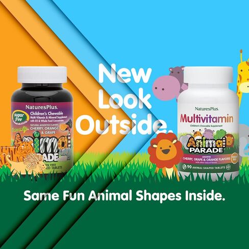 فيتامينات متعددة للأطفال خالية من السكر من شركة Natures Plus Animal Parade - نكهات متنوعة من الكرز والعنب والبرتقال - عبوة من 2، 90 قرصًا قابلاً للمضغ - 90 وجبة إجمالية in Kuwait