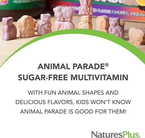 فيتامينات متعددة للأطفال خالية من السكر من شركة Natures Plus Animal Parade - نكهات متنوعة من الكرز والعنب والبرتقال - عبوة من 2، 90 قرصًا قابلاً للمضغ - 90 وجبة إجمالية in Kuwait