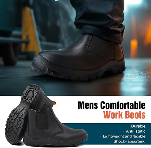 Mens Work Boots,Slip On Steel Toe Chelsea Safety Boots,Waterproof Puncture-Resistant,Durable Comfortable Breathable Non Slip for Construction Industrial in Saudi Arabia