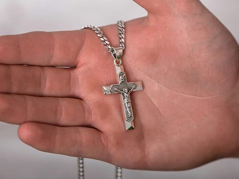 US Jewels Men's Large 1.75in 0.925 Sterling Silver Crucifix Cross Pendant Necklace, 22in thru 26in in Saudi Arabia
