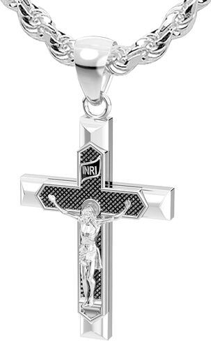 US Jewels Men's Large 1.75in 0.925 Sterling Silver Crucifix Cross Pendant Necklace, 22in thru 26in in Saudi Arabia